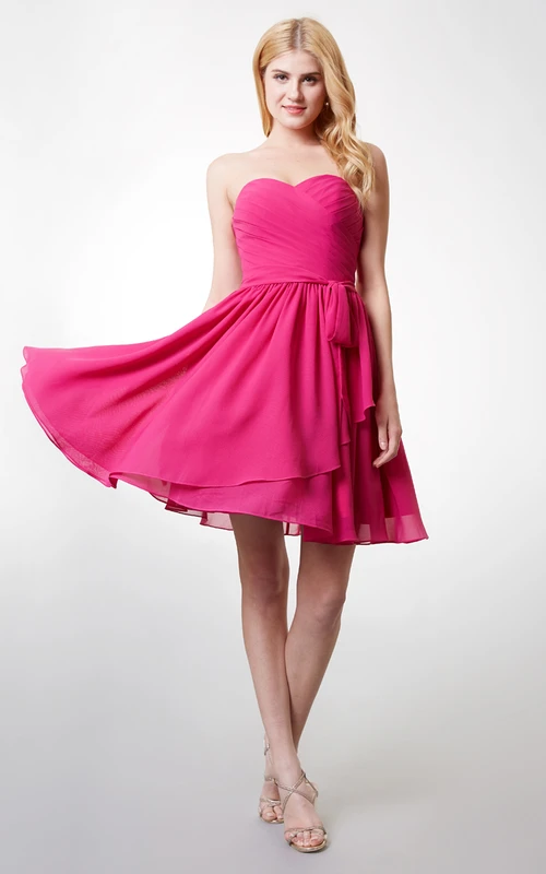 Dashing Strapless Sweetheart Top-Pleated Layered Chiffon Dress With Belt
