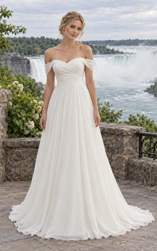 Vestido de novia sencillo de gasa fruncida con escote corazón, mangas cortas y corte en A, estilo A, con hombros descubiertos y largo hasta el suelo.