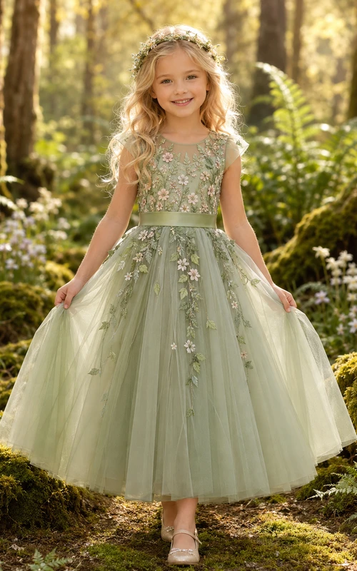 Sage Bohemian A-Line Tulle Flower Girl Dress Cap Sleeve Jewel Neck Tea-Length Embroidered Flowers