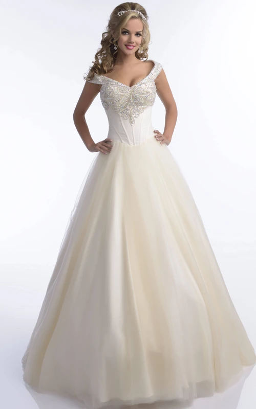 Robe de quinceañera longue en tulle, coupe trapèze, col en V, ornée de bijoux au niveau du buste