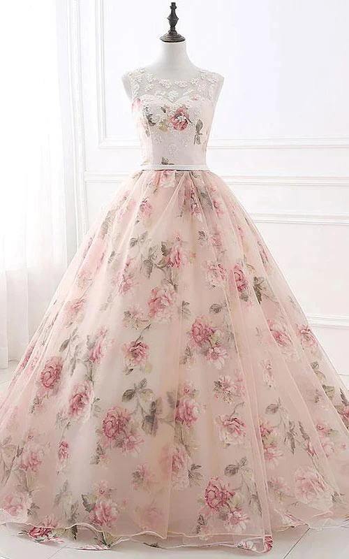 Vestido de fiesta de gala sin mangas con escote redondo y corte imperio, estampado floral
