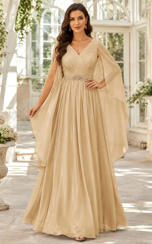 Champagne V-Neck Cape Sleeve Pleated Chiffon A-Line Floor-Length Formal Dress