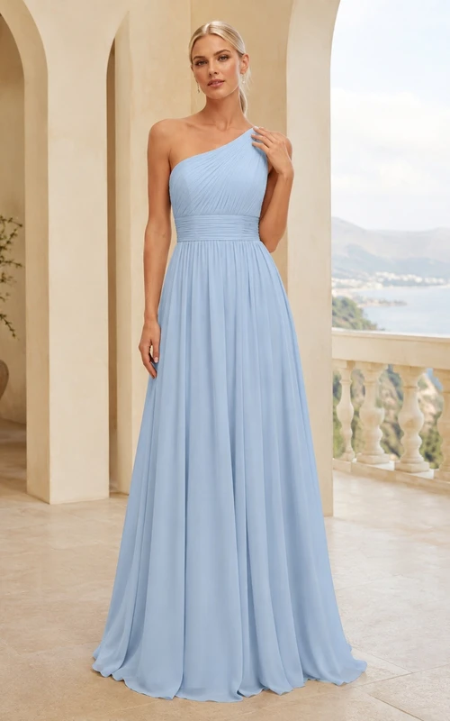 Sky Blue One-Shoulder Chiffon A-Line Floor Length Formal Occasion Dress