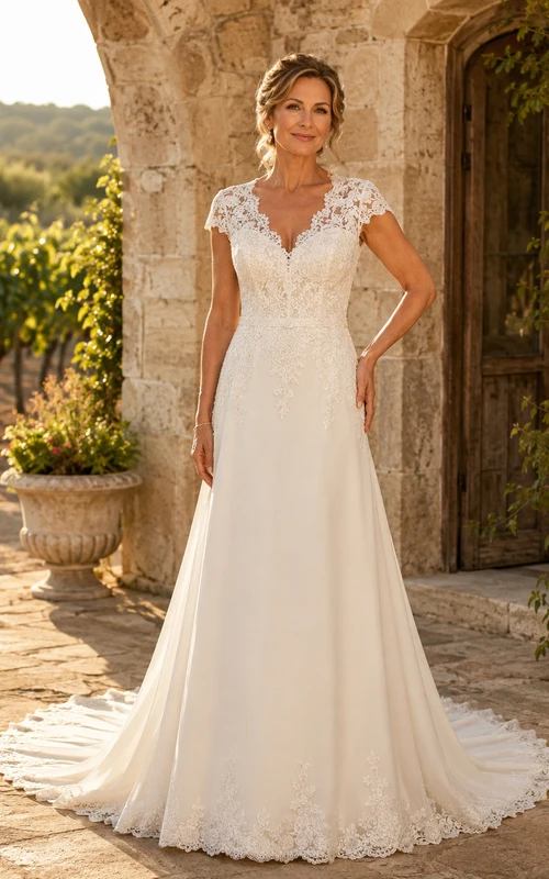 Romantic V Neck Lace Chiffon Wedding A Line Cap Sleeve Court Train