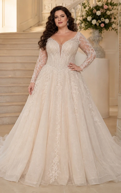 Plus Size Langarm-Ballkleid mit V-Ausschnitt, Spitze und baskischer Taille