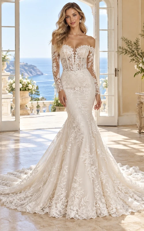 Mermaid Long Sleeve Off Shoulder Lace Corset Bridal Wedding Dress