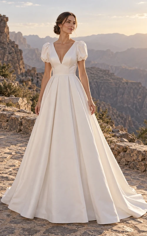 Vestido de novia sencillo de satén con escote en V y mangas cortas abullonadas, corte en A.