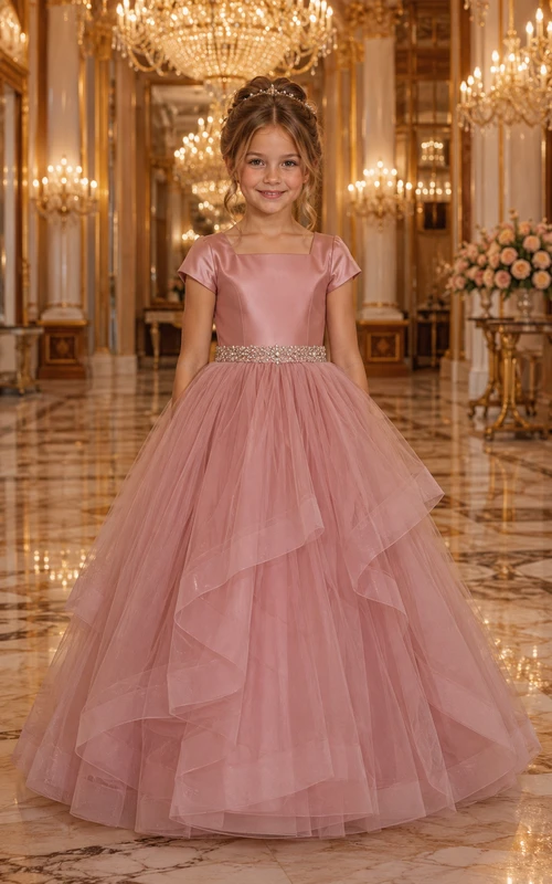 High-low Dusty Rose Satin and Tulle Flower Girl Dress with Ruffles