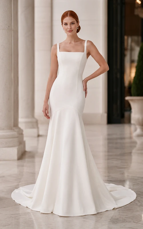 Brautkleid im Meerjungfrauenstil aus Satin mit eckigem Ausschnitt und schlichter Schleppe