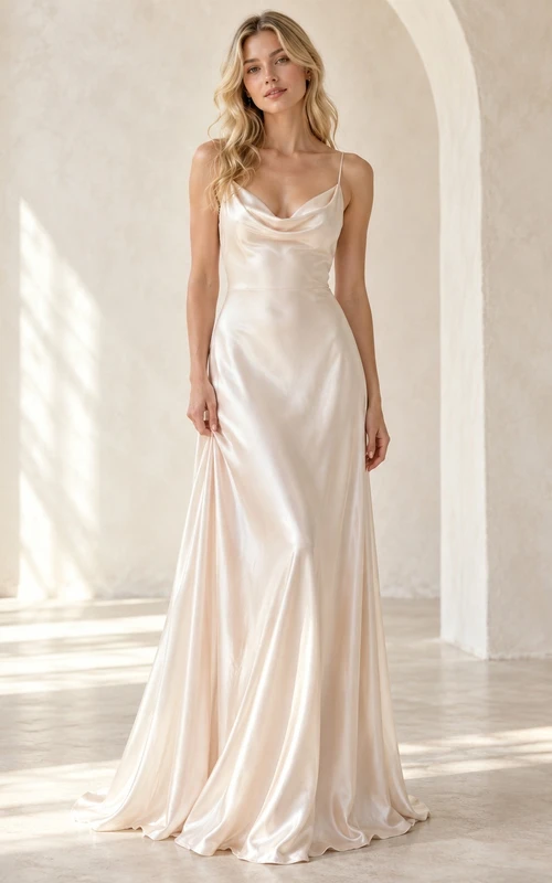 Simple Cowl Neck Spaghetti Strap Satin Sheath Long Elopement Wedding Dress