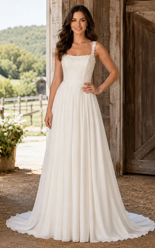 Robe de mariée champêtre en mousseline, col carré, bretelles en dentelle, coupe trapèze, bretelles en dentelle, style champêtre