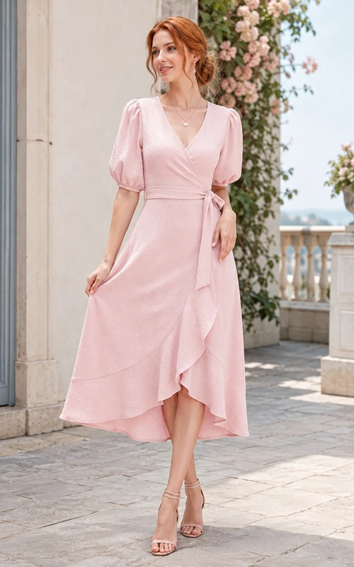 Light Pink Chiffon Wrap Short Sleeve Pleated A-line Midi Dress