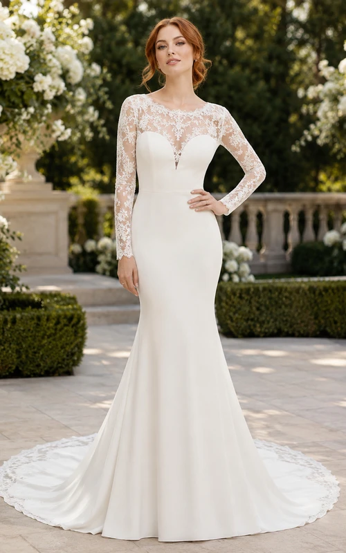 Robe de mariée modeste en dentelle et tulle, coupe sirène, col rond, manches longues et traîne chapelle.