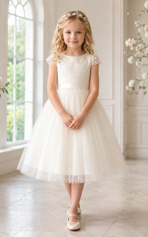 Lace Cap Sleeve Tulle A-Line Flower Girl Garden Tea-Length Button-Back Dress