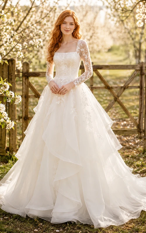 Vestido de novia de organza con escote cuadrado y volantes, corte A, estilo huerto.