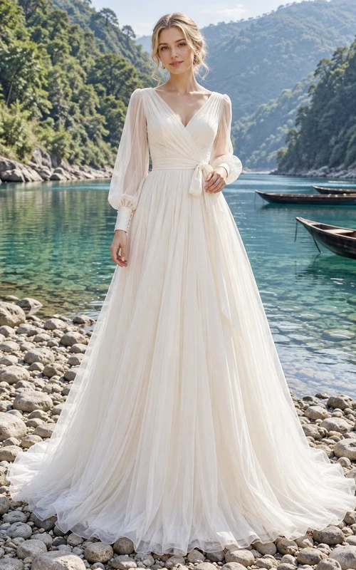 Schlichtes Brautkleid in A-Linie mit V-Ausschnitt, langen Poetenärmeln und gerafftem Tüll