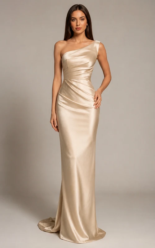 Evening Gown Champagne Satin Sheath One Shoulder Sleeveless Ruched Floor Length