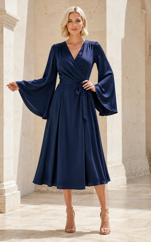 Dark Navy Chiffon V-Neck Long Bell Sleeve Tea Length Dress