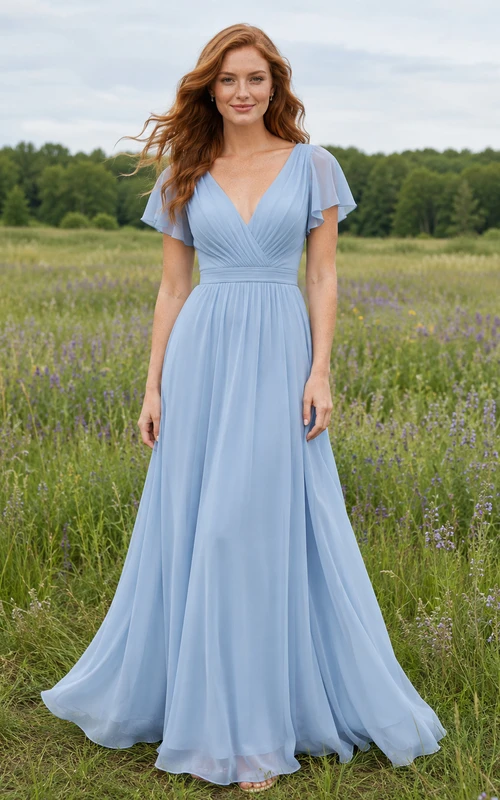 Sky Blue Chiffon A-Line V-Neck Flutter Sleeve Pleated Low Back Floor-Length Bridesmaid Dress