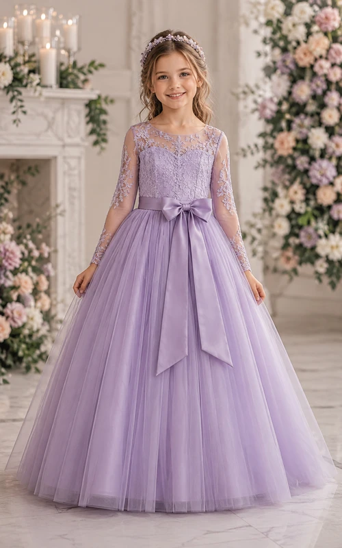 Lavendelfarbenes, langärmeliges A-Linien-Spitzenkleid für Blumenmädchen mit Schleife