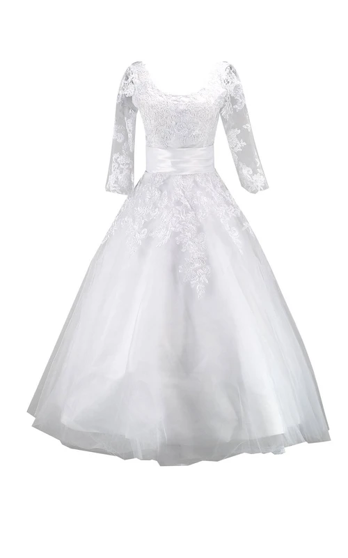 Long Sleeve Scoop Neck Long Appliqued Tulle Dress