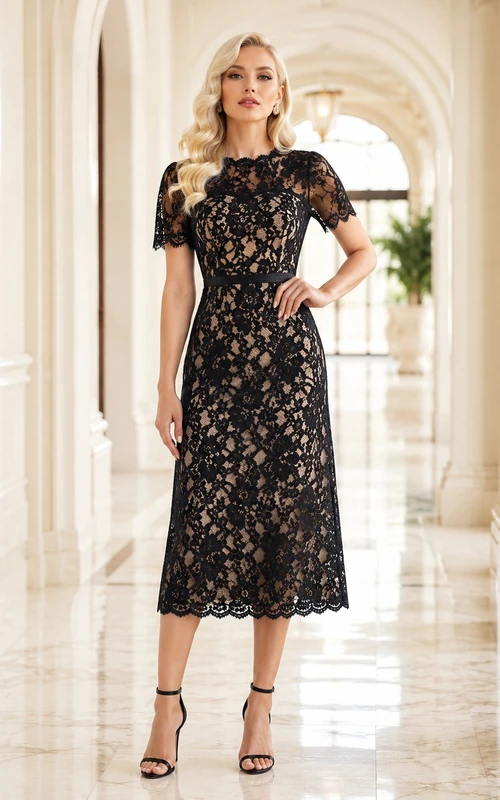 Black Floral Lace Cap Sleeve A-Line Tea-length Vintage Formal Dress