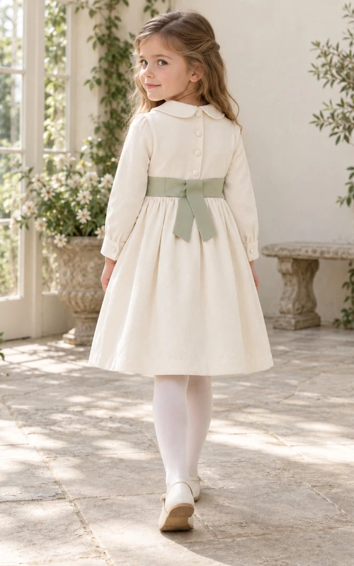 Schlichtes, elegantes Blumenmädchenkleid aus Cord mit langen Ärmeln, elfenbeinfarbenem Ripsband, Schleife am Rücken und langen Ärmeln, knielang, salbeigrünem Rücken und Blumenmädchenkleid