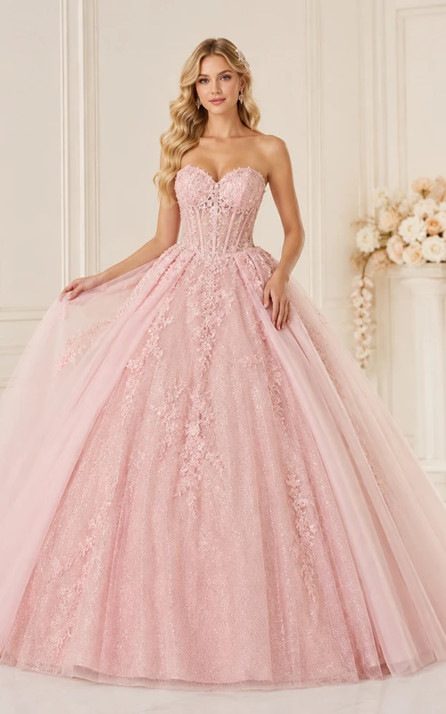 Blushing Pink Luxury Strapless Detachable Tulle Overskirt Glitter Quinceanera Princess Ball Gown