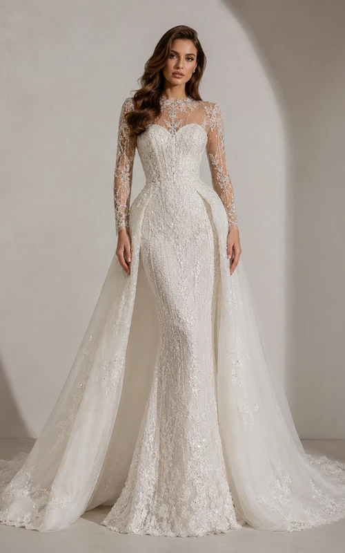 Robe de mariée cape en satin et dentelle botanique, col montant, manches longues et traîne cathédrale, style illusion, pour une destination de mariage.