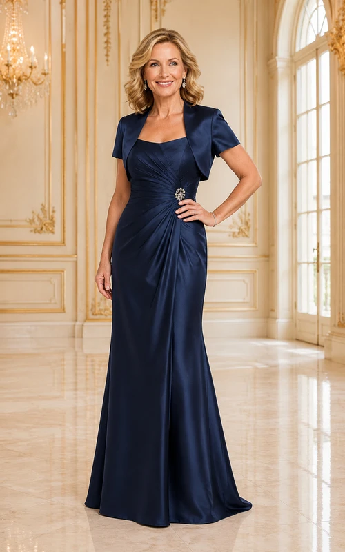 MOB Kleid Dunkelblaues Satin Meerjungfrauenkleid mit kurzen Ärmeln, eckigem Ausschnitt und bodenlang mit Bolero