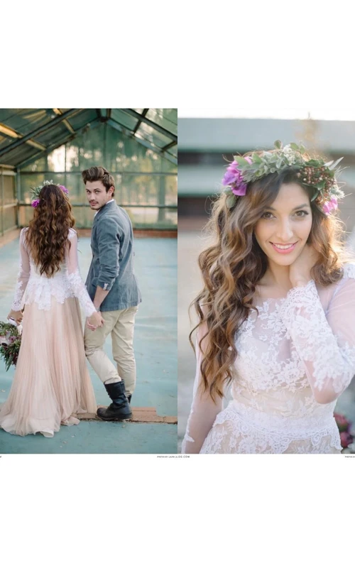 Zartes Chiffon-Hochzeitskleid mit Spitzenapplikationen und langen Ärmeln