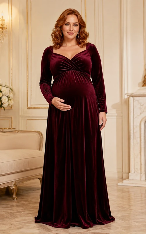 Maternity Luxury Mulberry Sweetheart Long Sleeve Empire Velvet Dress