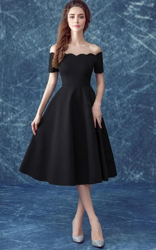 Lässiges schulterfreies Cocktailkleid mit kurzen Ärmeln und Teelänge
