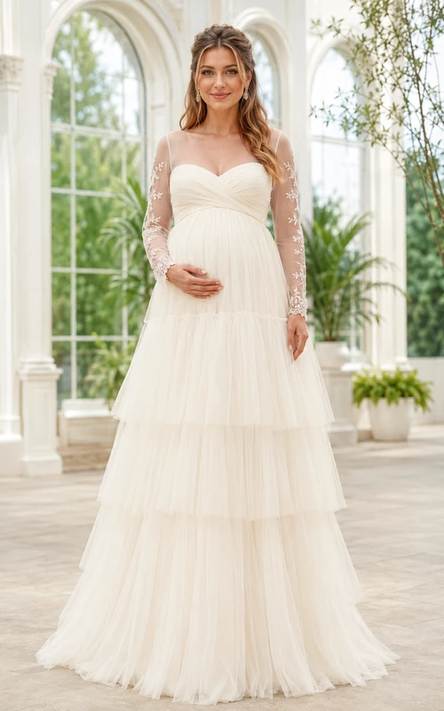 Vestido de novia de invierno de tul escalonado con mangas largas para embarazadas