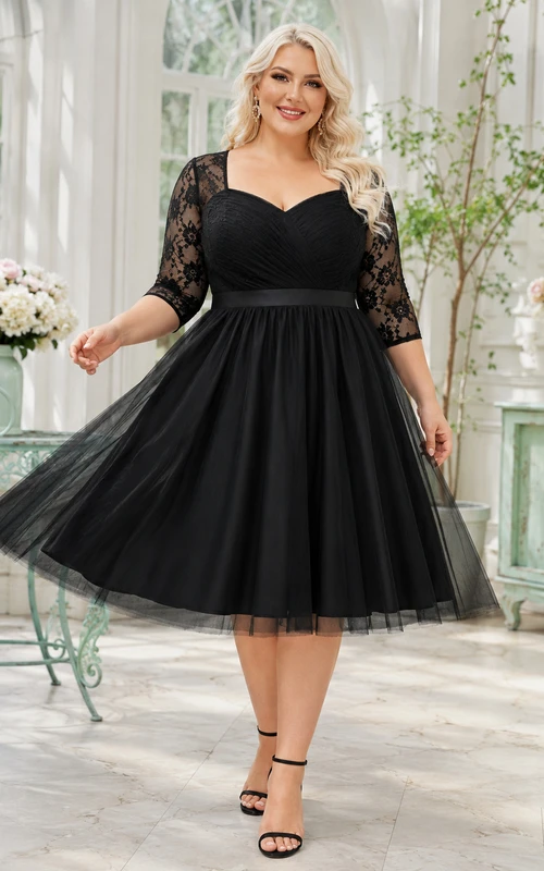 Vestido de cóctel negro de corte A, largo hasta la rodilla, con escote corazón, mangas tres cuartos, tul, encaje, pliegues, cremallera en la espalda y escote barco.