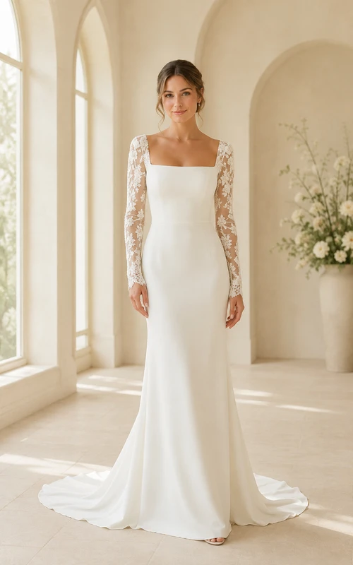 Wedding Sheath Satin Dress with Square Neck and Long Lace Sleeves