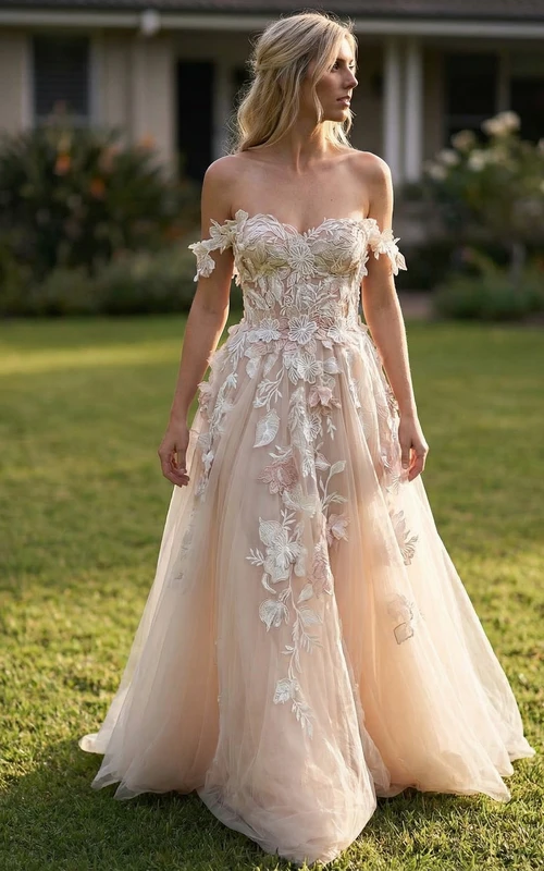 3D-Blumenhochzeitskleid, schulterfrei, champagnerfarbenes Tüll-Ballkleid