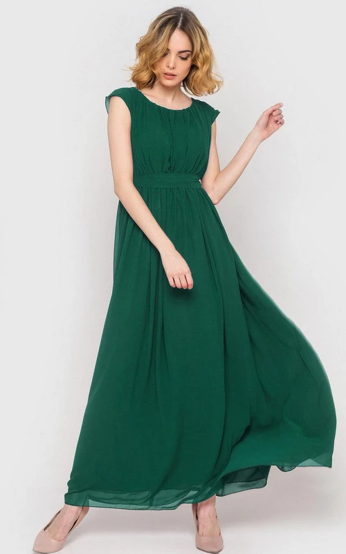Rundhalsausschnitt, kurze Ärmel, plissiertes A-Linien-Chiffonkleid in Knöchellänge, Waldgrün