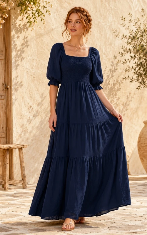 Vestido largo de gasa azul marino oscuro con cuello cuadrado y mangas abullonadas.