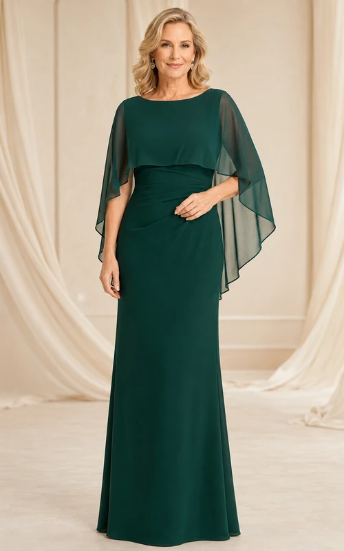 Dark Green Floor-Length Sheath Modest Mother of the Bride Dress with Scoop Neck Asymmetrical Chiffon Cape Overlay
