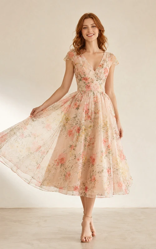 Robe trapèze à col V et manches courtes en organza fleuri pêche