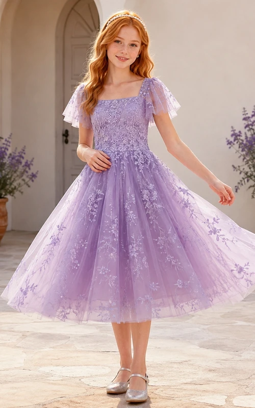 Lavendelfarbenes Brautjungfernkleid für junge Damen, A-Linie, Teelänge, eckige kurze Flügelärmel, Stickerei