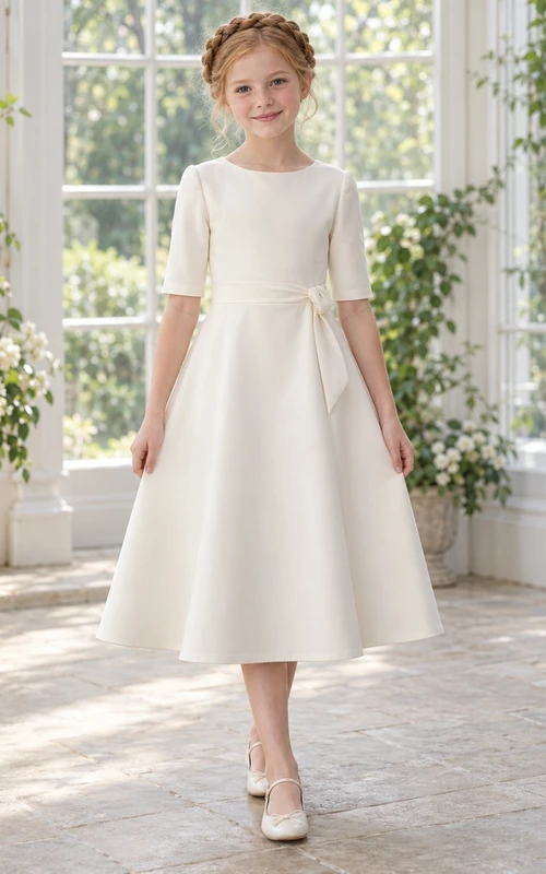 Schlichtes, schlichtes elfenbeinfarbenes Blumenmädchenkleid mit Teelänge, Ellbogenärmeln, breiter Schärpe und gefalteter Schleife