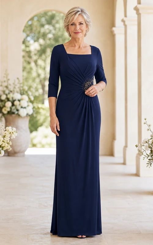 Navy Jersey Square Neck Three-quarter Sleeve Sheath Floor-length MOB Dress