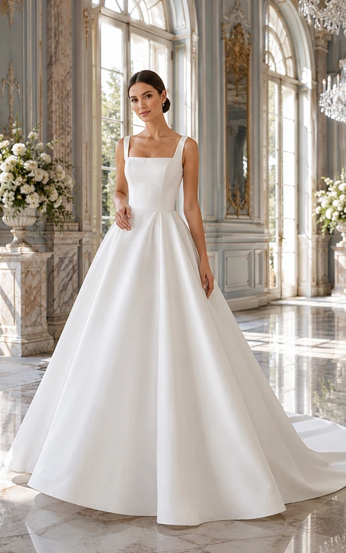 Clean Square Neck Satin Ball Gown Ballroom Bridal Dress