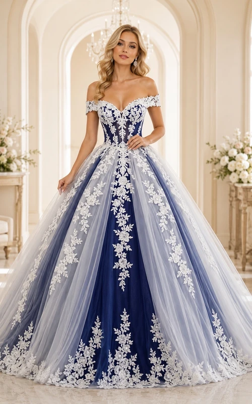 Königsblaues, elegantes Ballkleid mit schulterfreiem Schnitt, kurzen Ärmeln und Tüll-Kapellen-Flair