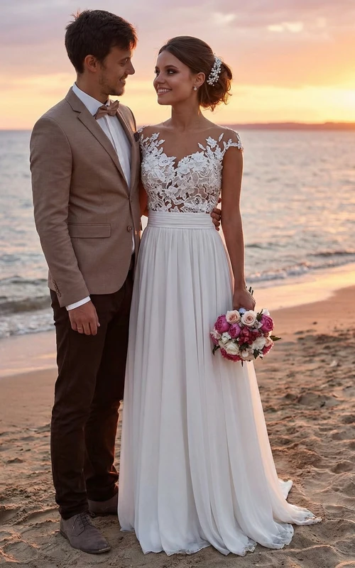 Vestido de novia bohemio de gasa con mangas cortas para la playa