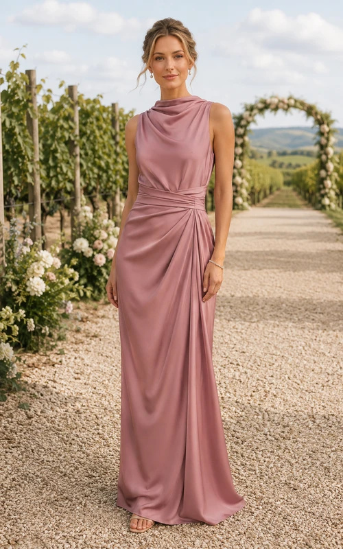 Mauve High Neck Draped Sheath Formal Dress