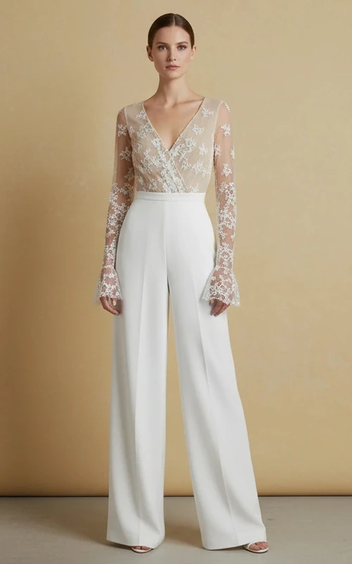V-Ausschnitt, besticktes, transparentes Langarmtop, hochtaillierter Hochzeitsjumpsuit