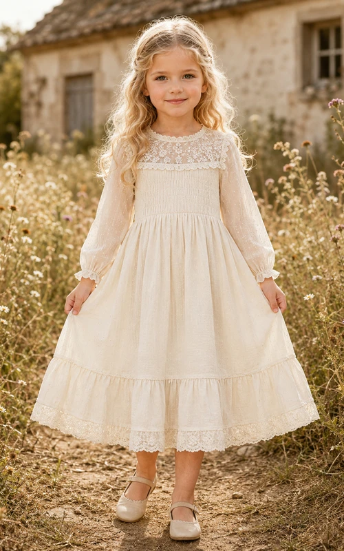 Vestido de niña de las flores, color marfil, encaje, tul, corte en A, manga larga, escote redondo, largo midi, detalle de volantes.